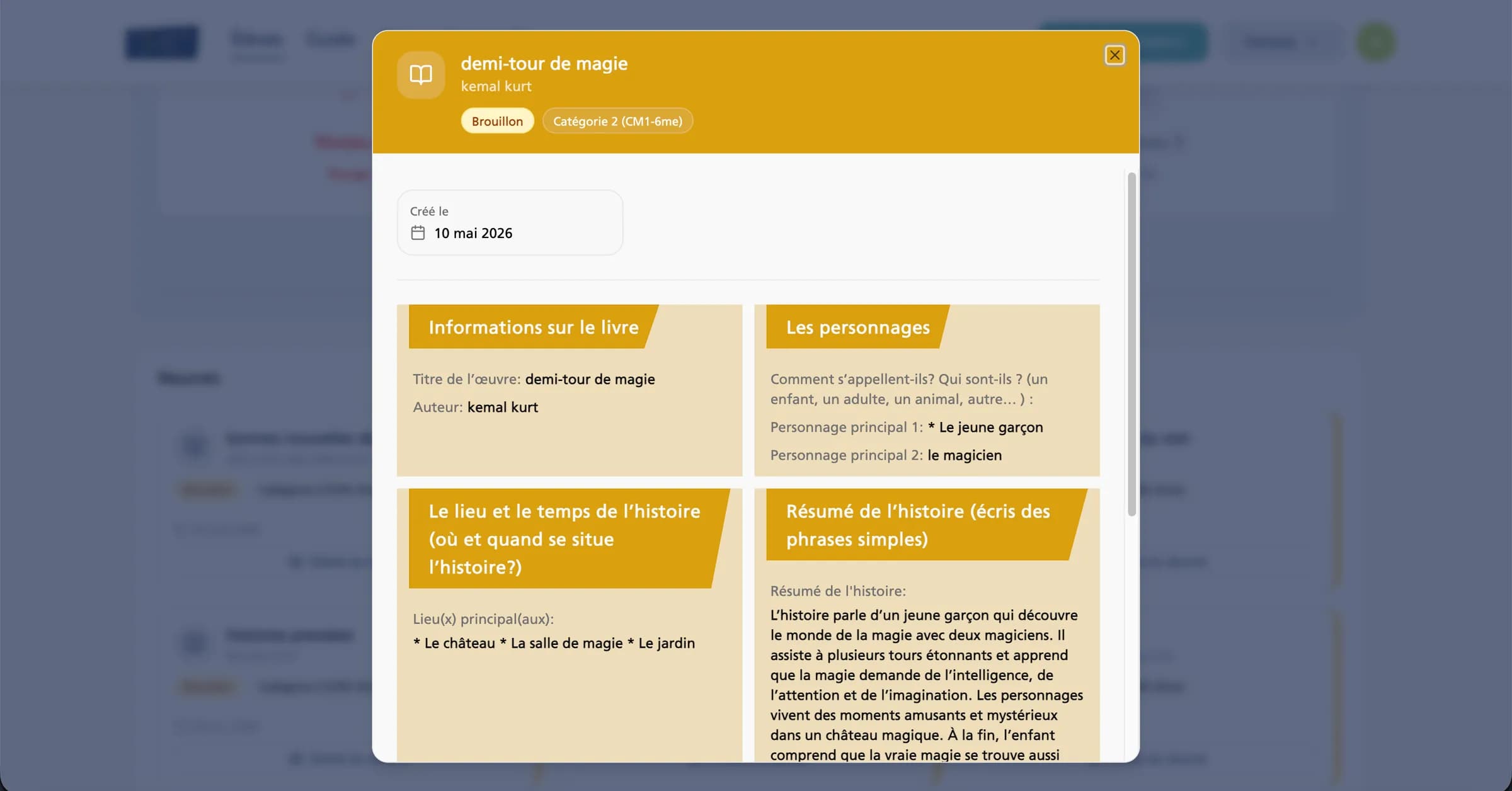 A reading sheet for the book “Demi-tour de magie”: book details, the main characters, where and when the story happens, and a summary in the student's own words.