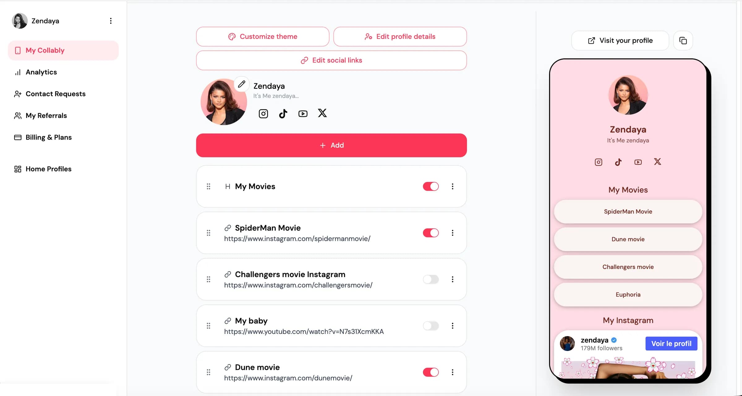 L'éditeur de Collably pour un profil de démonstration de Zendaya : réseaux sociaux, liens vers ses films et son Instagram, et un aperçu en direct de la page publique sur téléphone.