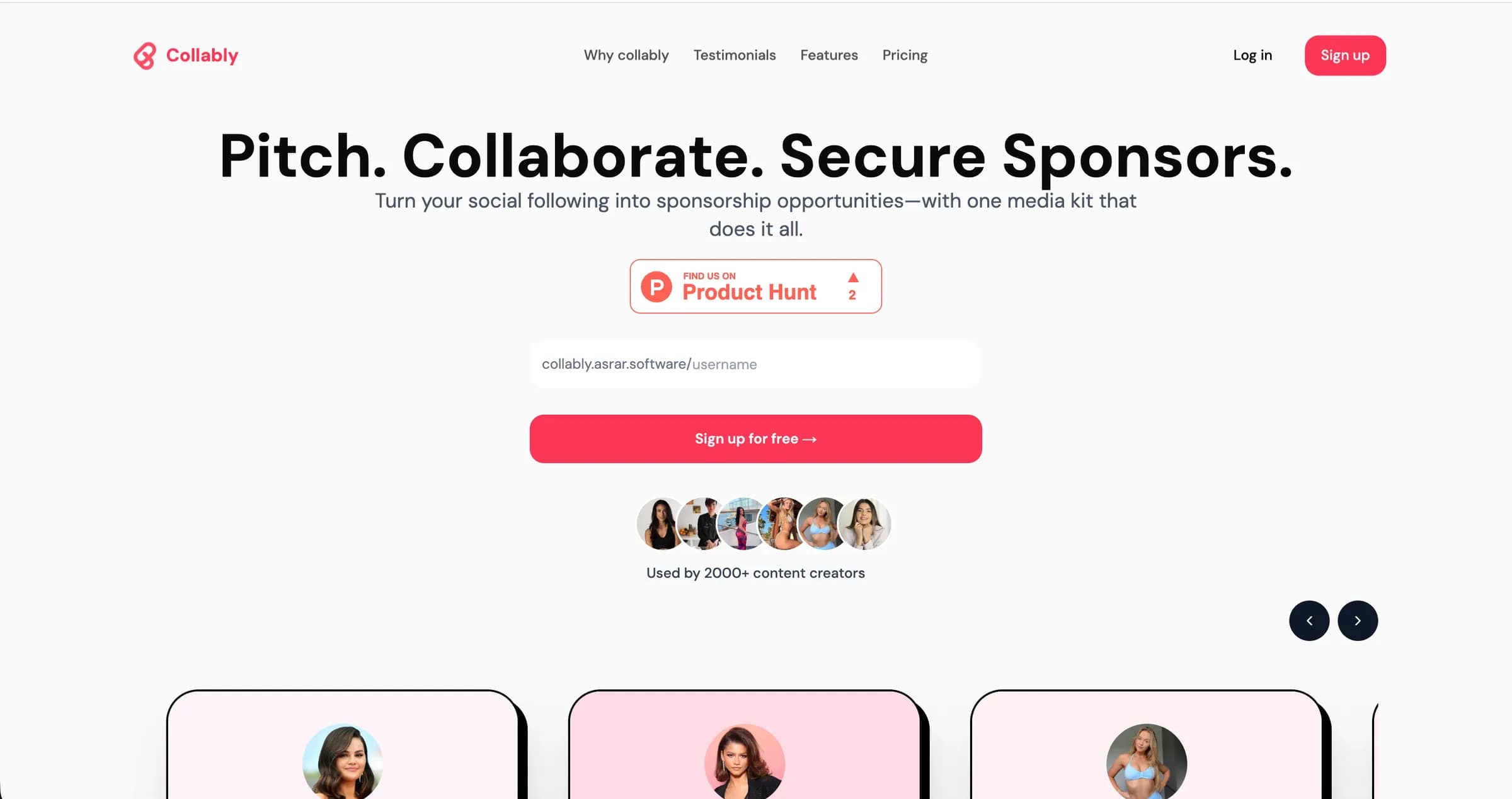 La page d'accueil de Collably : « Pitch. Collaborate. Secure sponsors. », un champ pour réserver une adresse collably.asrar.software/nom, un bouton d'inscription et des avatars de créateurs.
