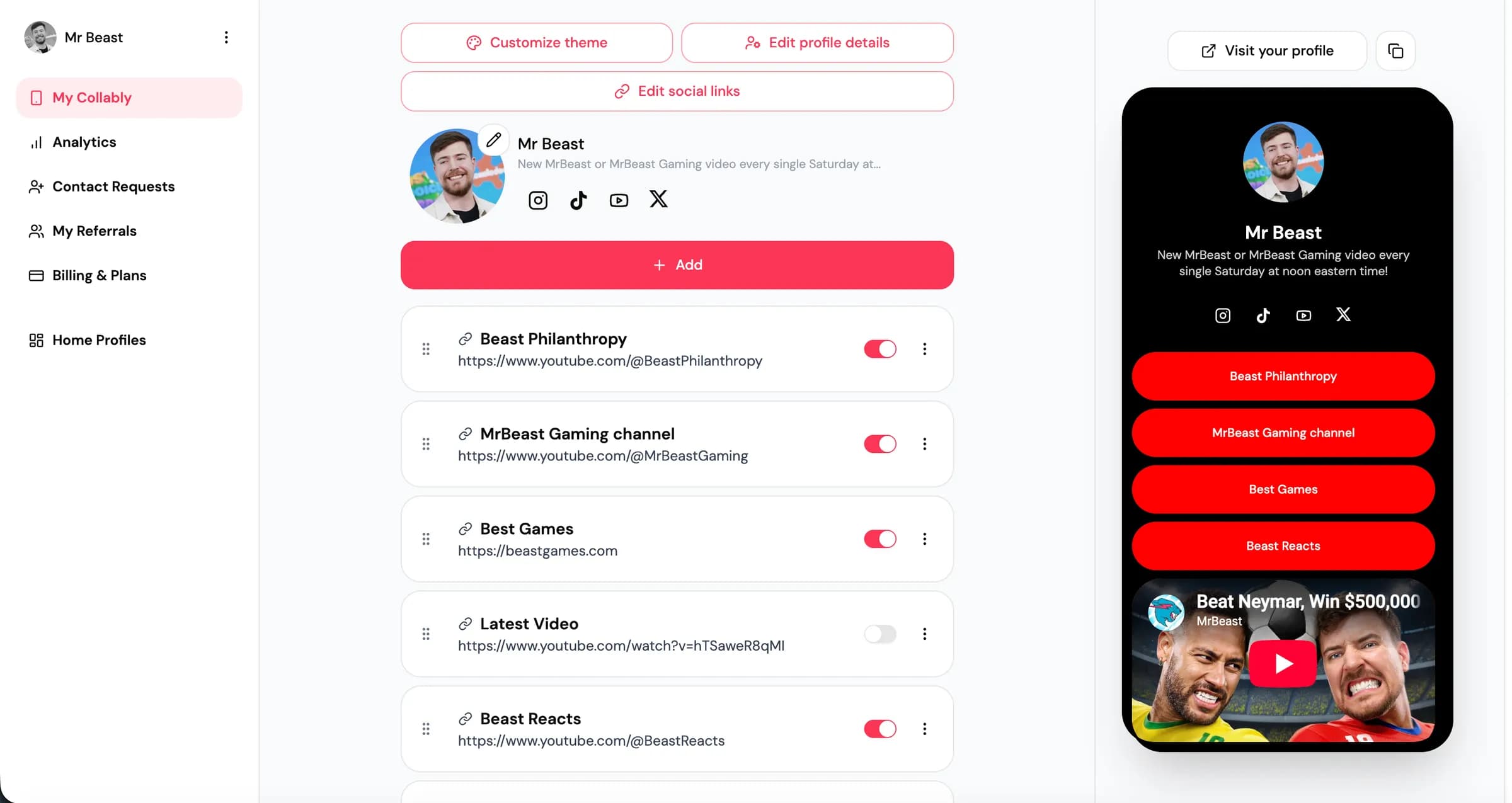 L'éditeur pour un profil de démonstration de MrBeast : bio, réseaux sociaux et liens vers ses chaînes et sa fondation, avec l'aperçu sur téléphone à côté.