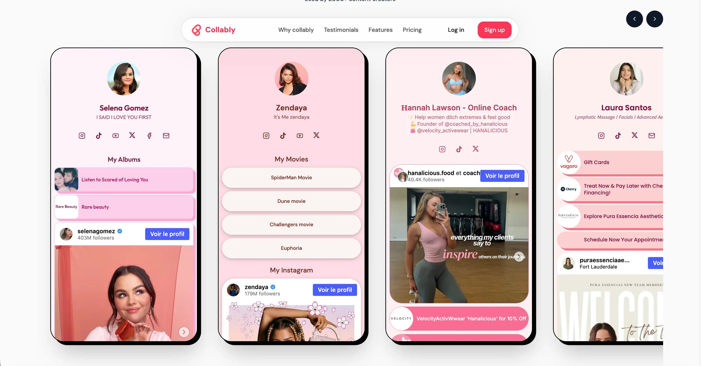 La page d'accueil de Collably qui présente des pages de créateurs, dont Selena Gomez, Zendaya et des coachs en ligne, chacune avec avatar, bio, liens et nombre d'abonnés.