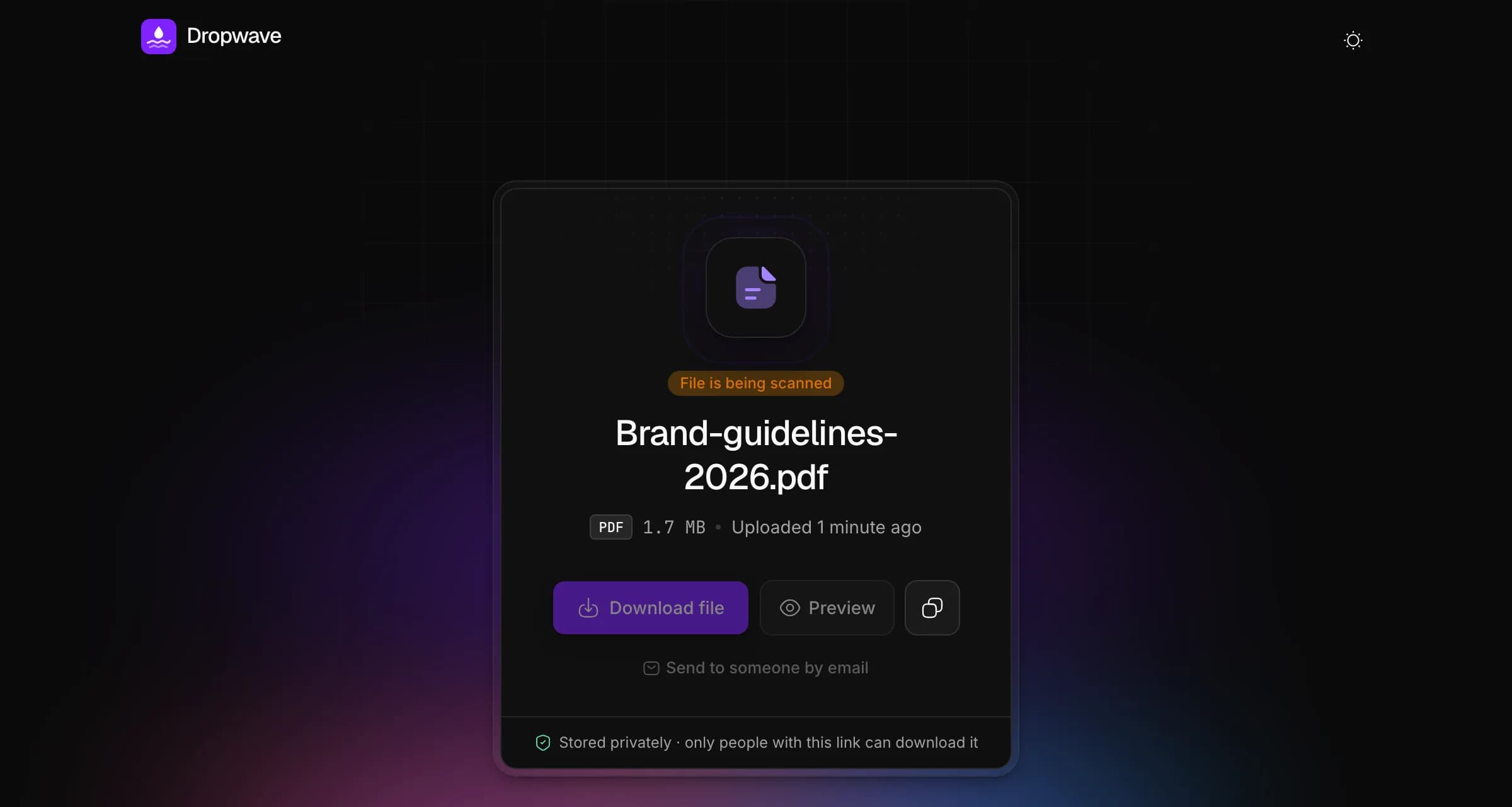 Un PDF tout juste envoyé, marqué « File is being scanned », avec ses boutons de téléchargement et d'aperçu désactivés jusqu'à la fin de la vérification.