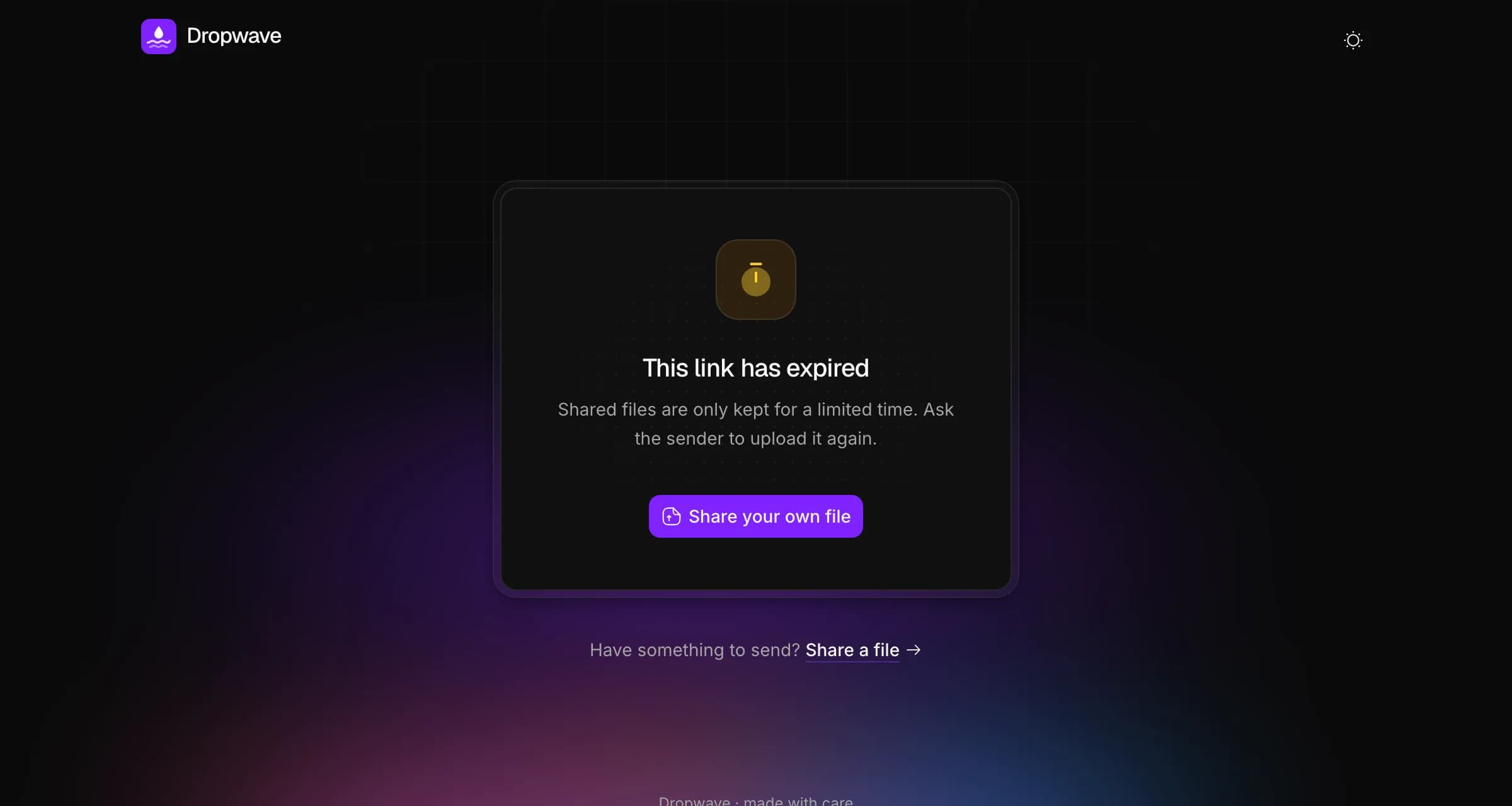 Un lien expiré : « This link has expired », une courte explication et un bouton pour partager son propre fichier.