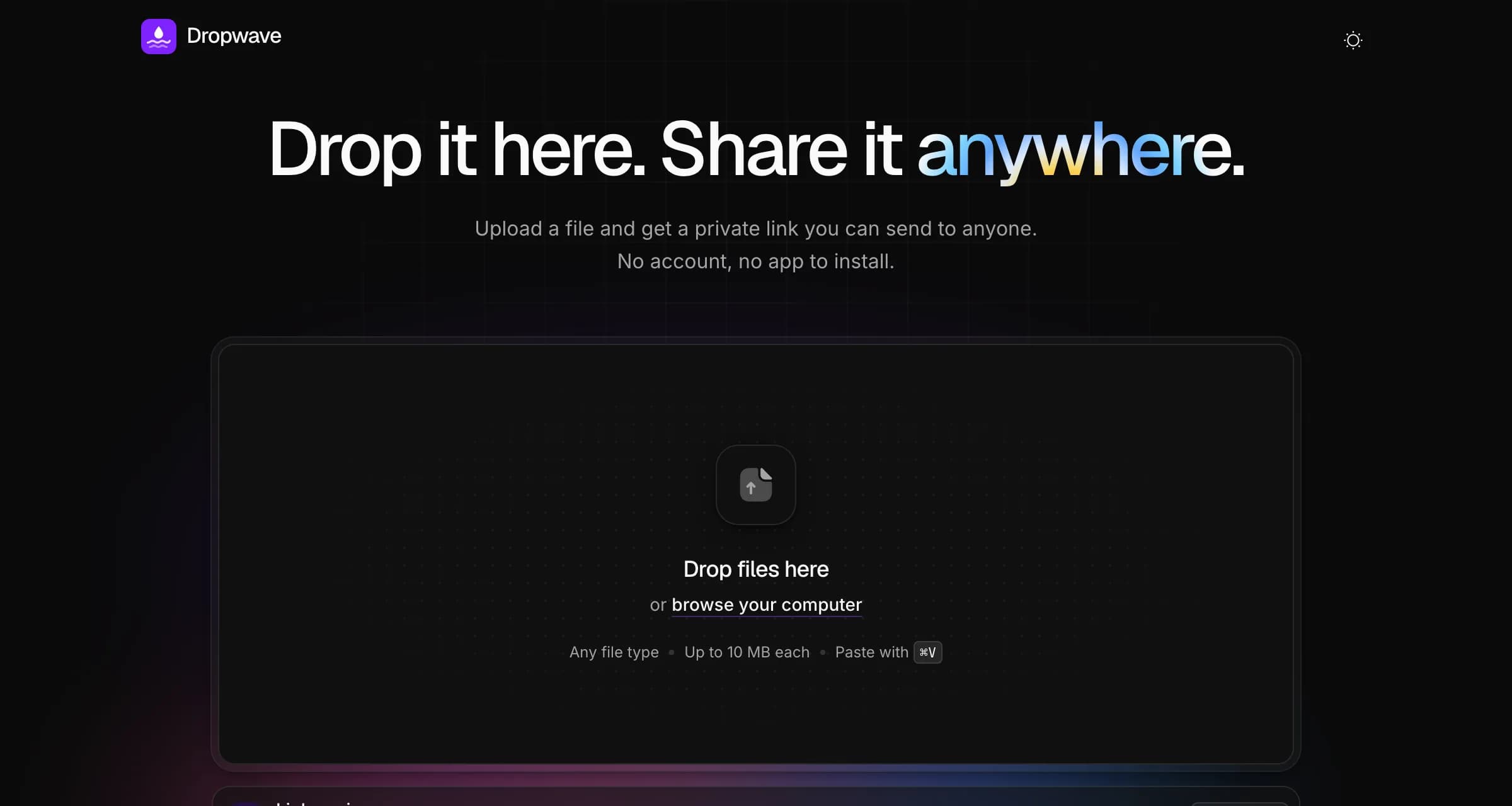La page d'accueil de Dropwave en mode sombre : « Drop it here. Share it anywhere. », une ligne indiquant qu'il ne faut ni compte ni application, et une grande zone de dépôt pour des fichiers de 10 Mo maximum.