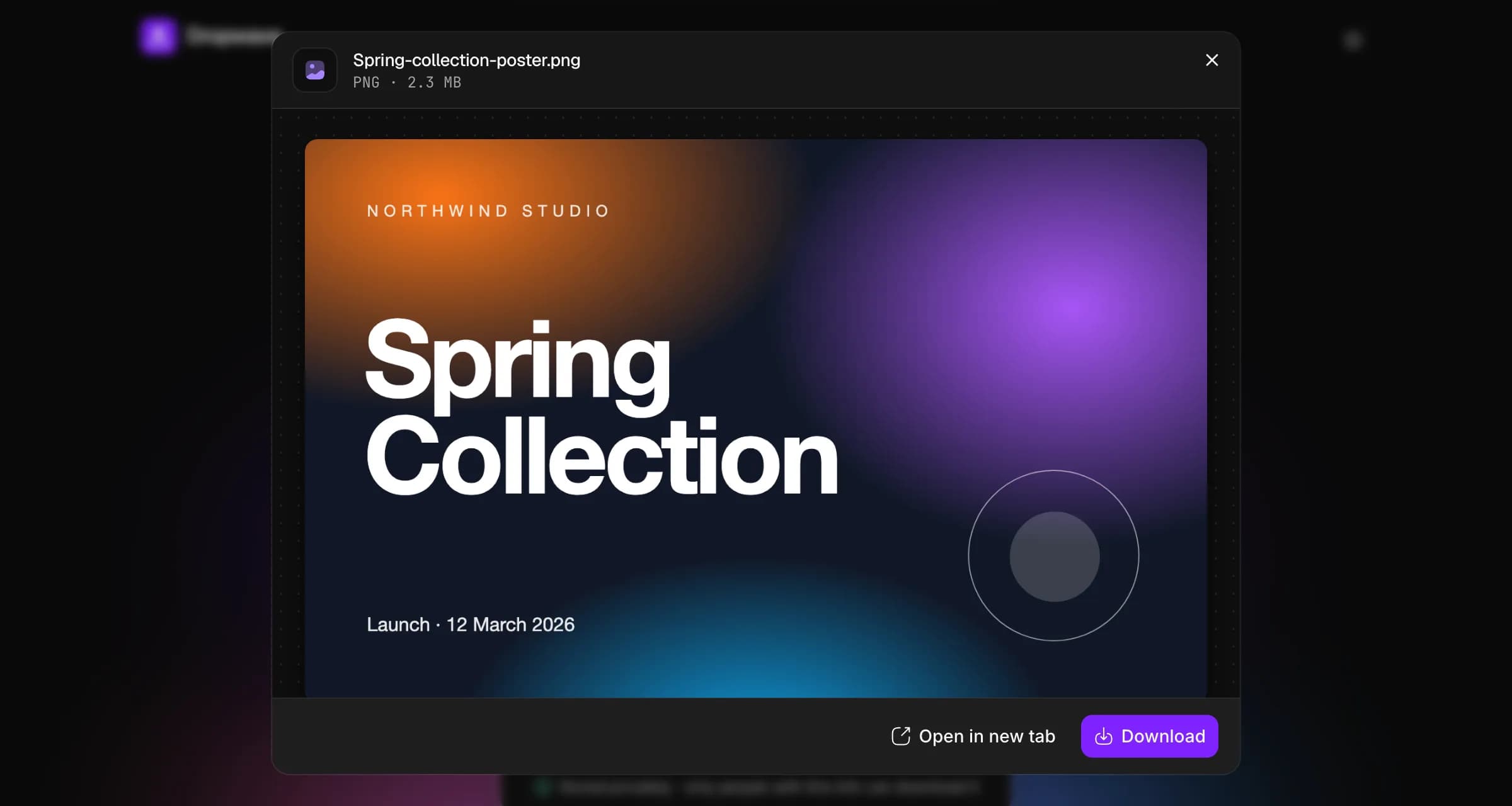 La fenêtre d'aperçu montrant l'image partagée, l'affiche de lancement de la collection de printemps d'un studio fictif, avec des boutons pour l'ouvrir dans un nouvel onglet ou la télécharger.