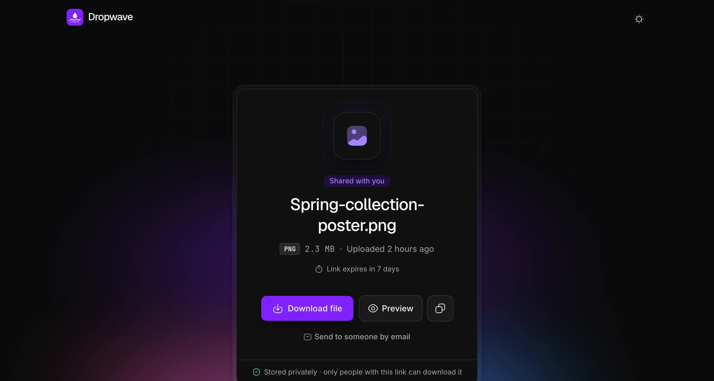 La page qu'ouvre le destinataire : « Shared with you », une affiche PNG de 2,3 Mo envoyée il y a 2 heures et dont le lien expire dans 7 jours, avec les boutons Download file, Preview et copier le lien.