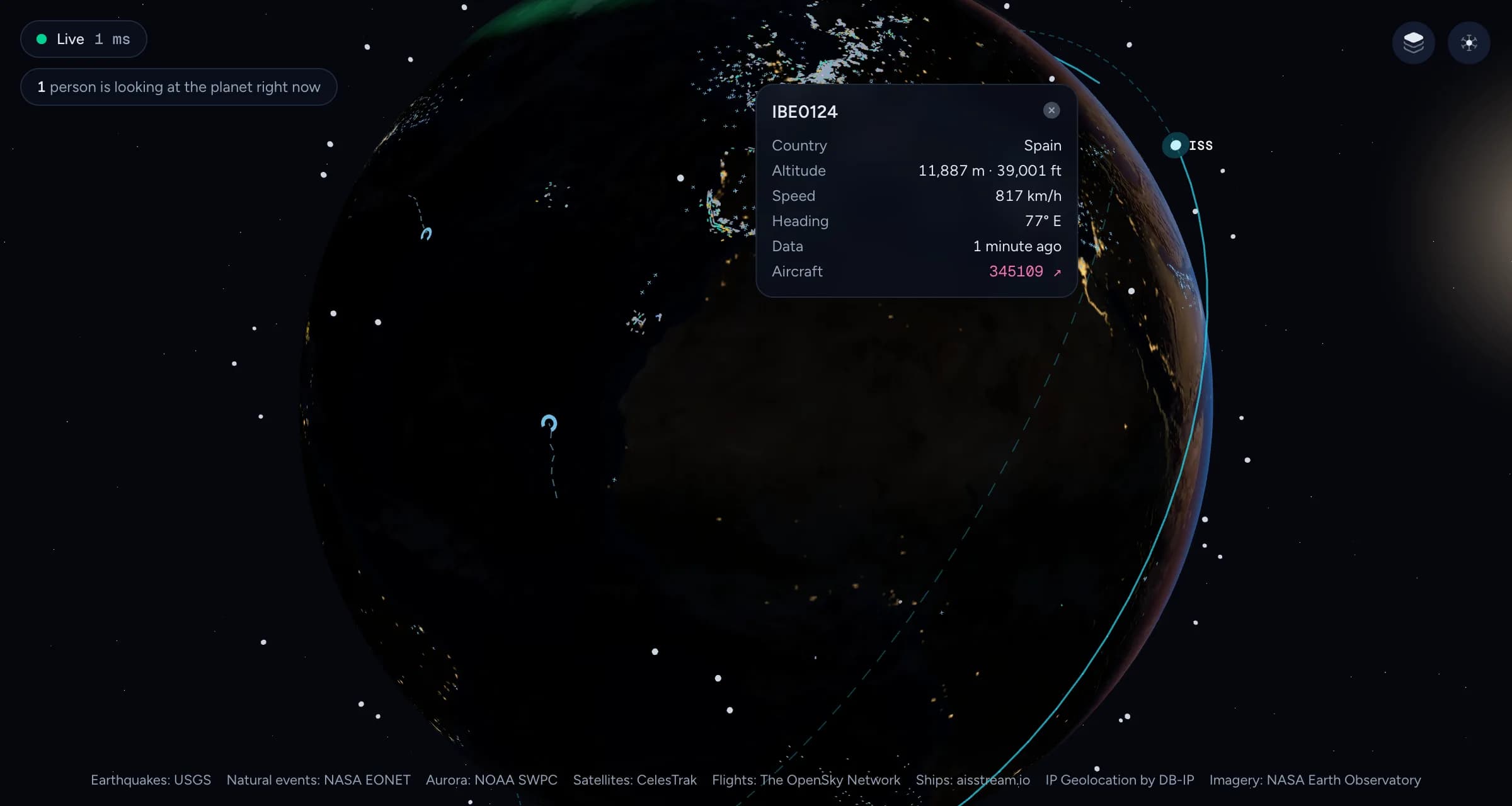 A close view of the Atlantic and West Africa at night with an Iberia flight selected: country, altitude of 11,887 metres, speed, heading and the age of the data.