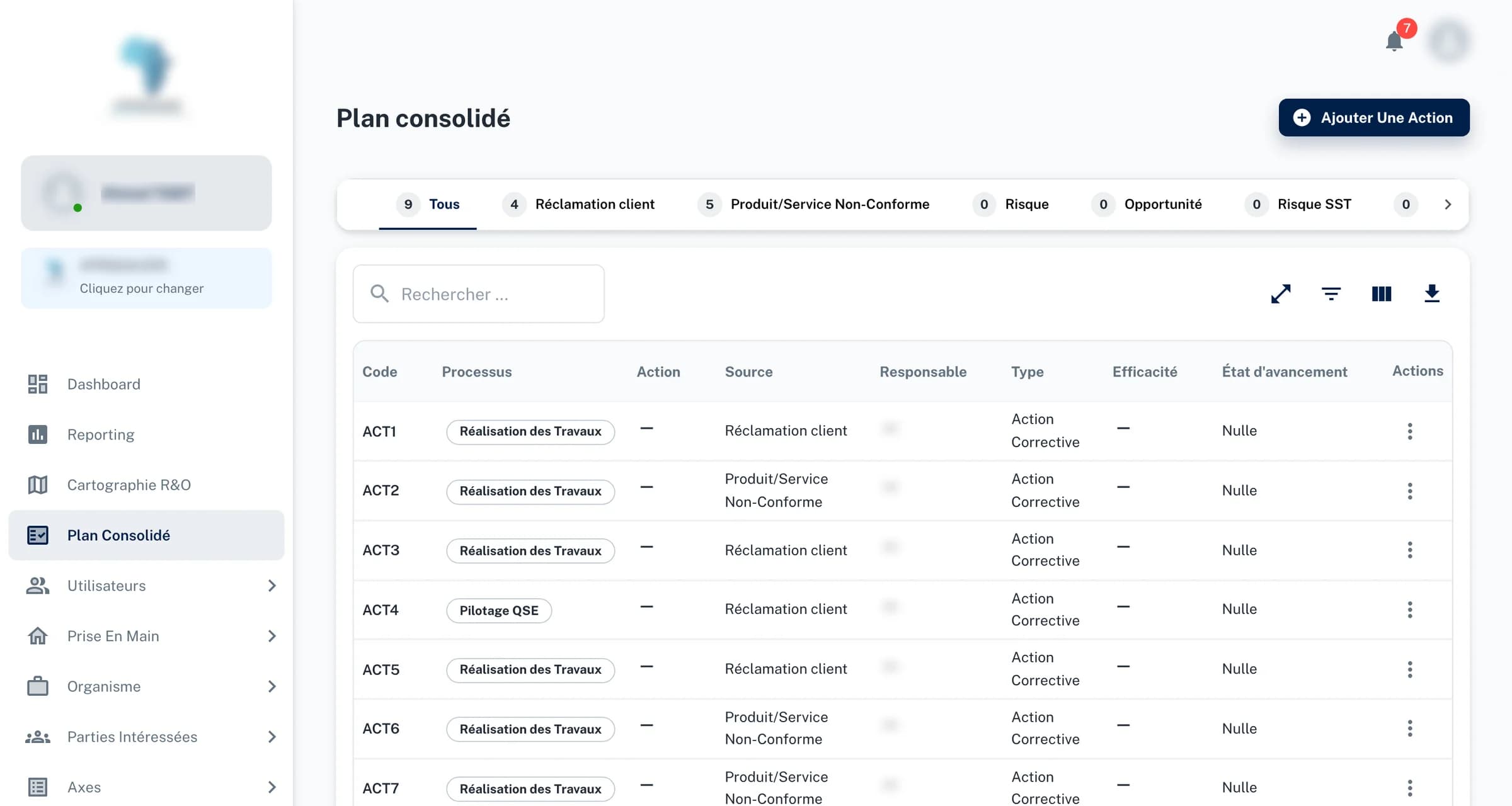 The consolidated action plan: tabs by source (all, customer complaints, non-conforming products, risks, opportunities, health and safety risks) above a table of corrective actions with their process, source, type and progress.