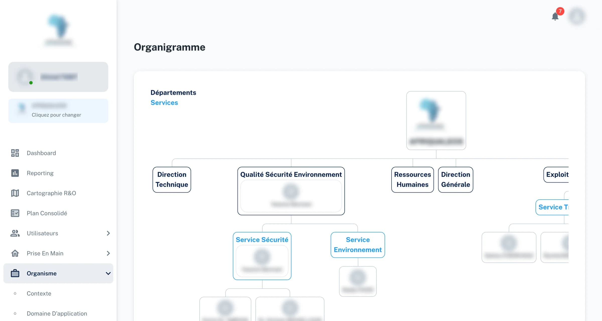 The org chart: the company at the top, then departments such as technical, quality safety environment, human resources and general management, with their services below. People's names and the logo are blurred.