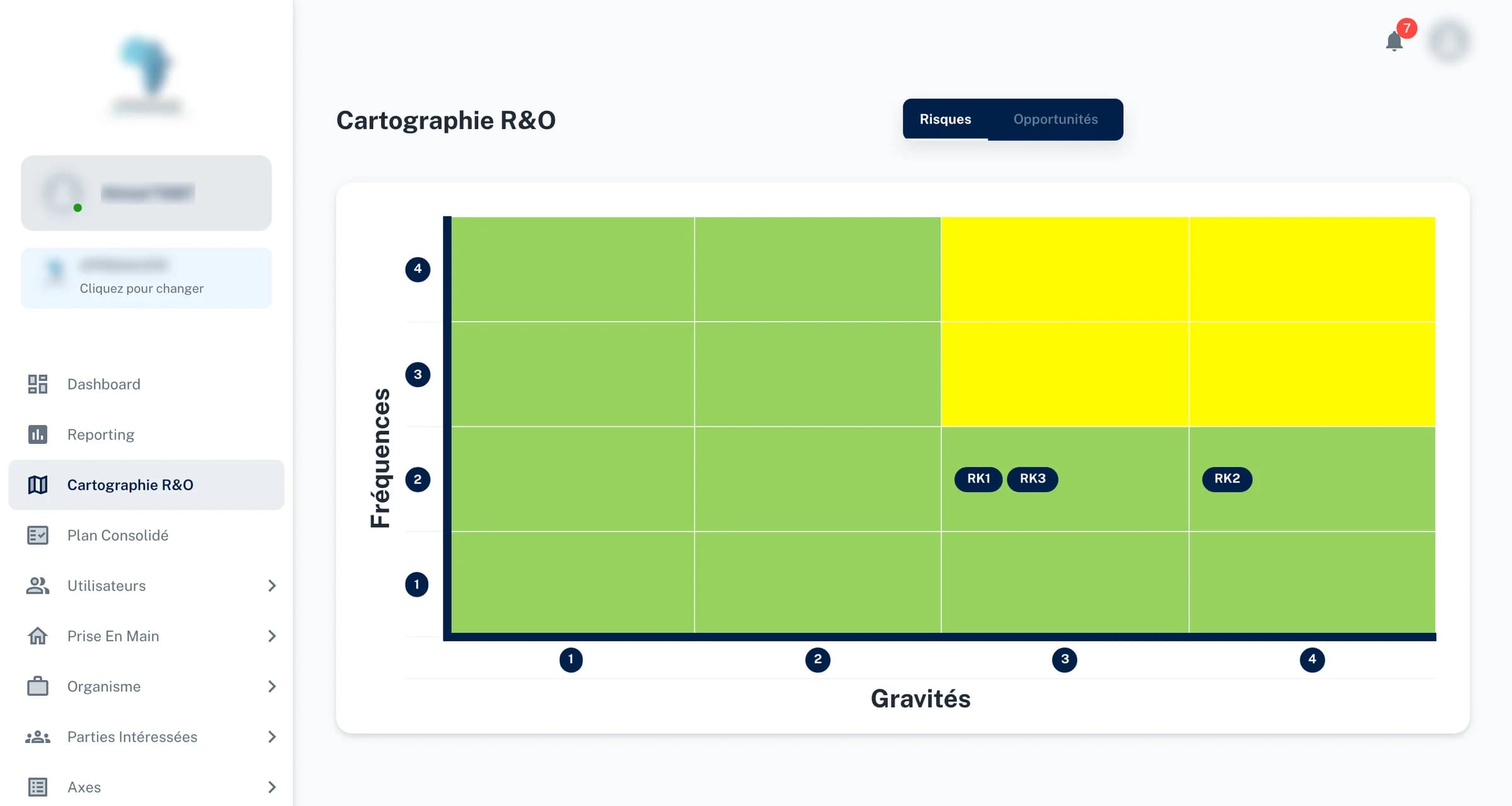 The risk map: a four-by-four grid of frequency against severity, coloured green and yellow, with risks RK1, RK2 and RK3 placed in their cells and a switch between risks and opportunities.