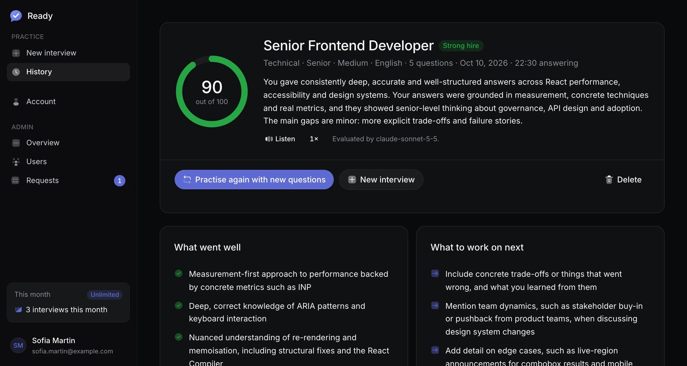 The report of a Senior Frontend Developer interview: 90 out of 100, a “Strong hire” verdict and a summary of the answers, then what went well and what to work on next.