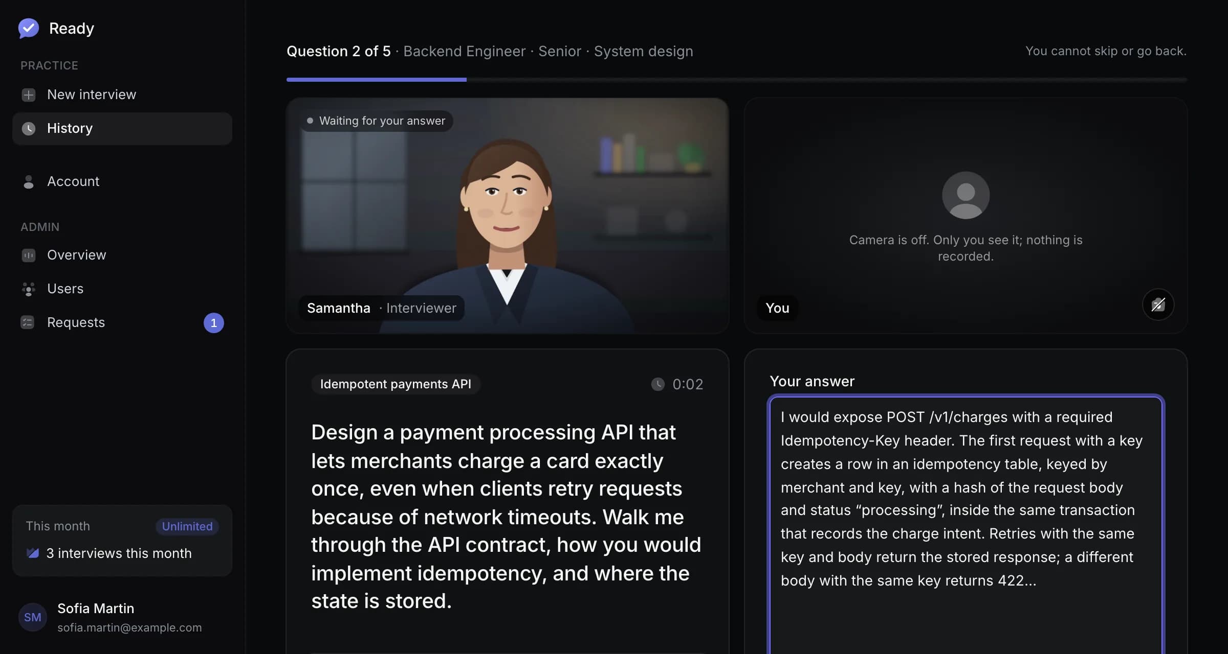 A system design interview in progress for a senior Backend Engineer role, question 2 of 5: an animated interviewer beside the candidate's camera tile, turned off, the question about an idempotent payments API, and the answer being typed.