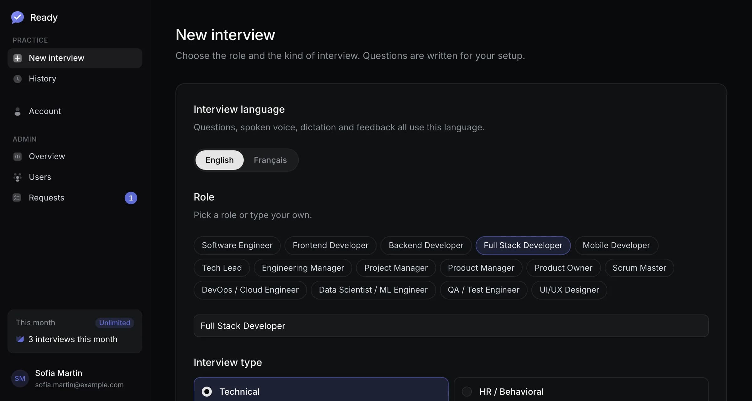 The new interview form: the interview language, English or French, role presets from Software Engineer to UI/UX Designer, and the interview type.