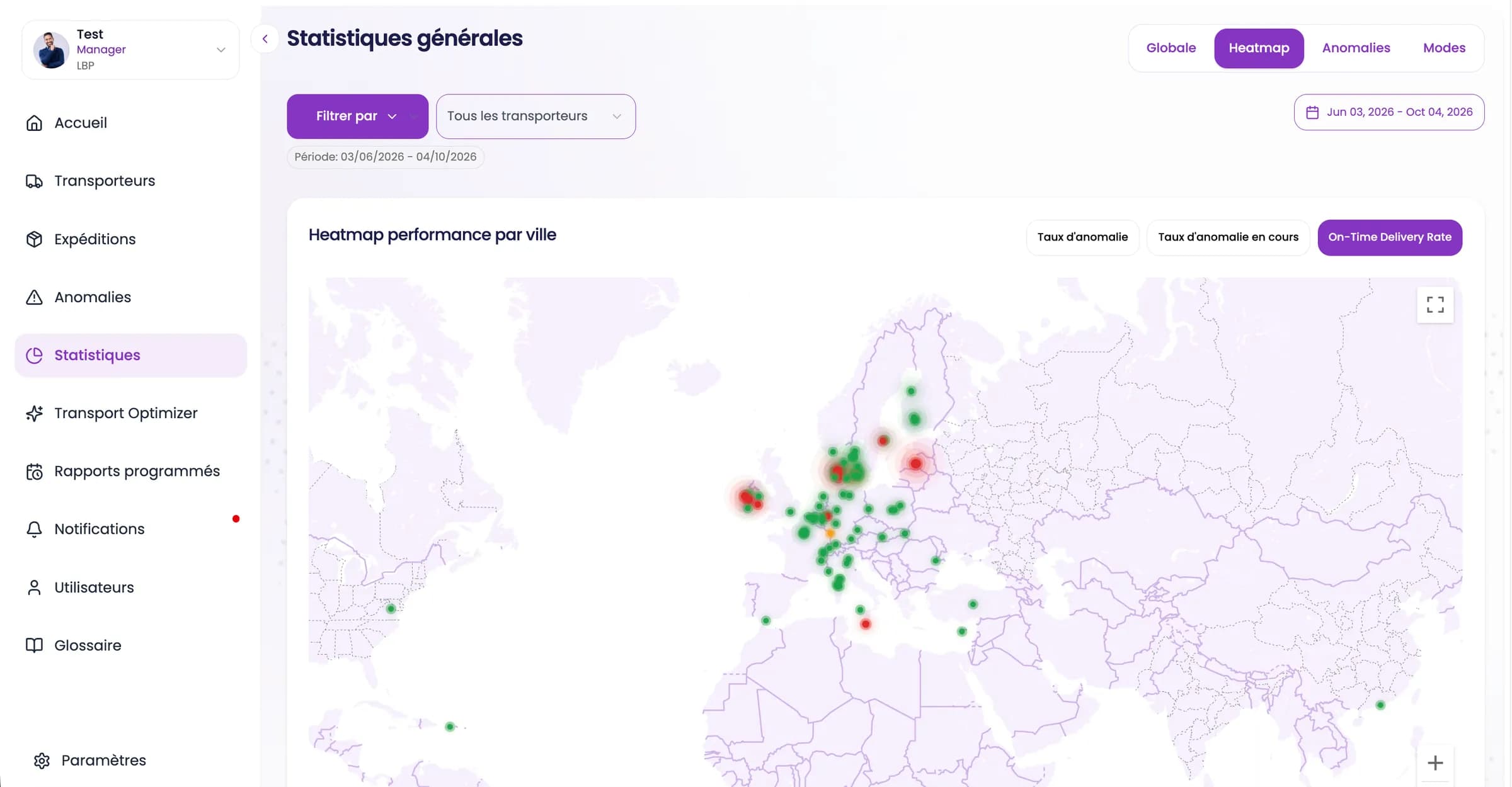 A heatmap of delivery performance by city, coloured by on-time rate and anomaly rate.