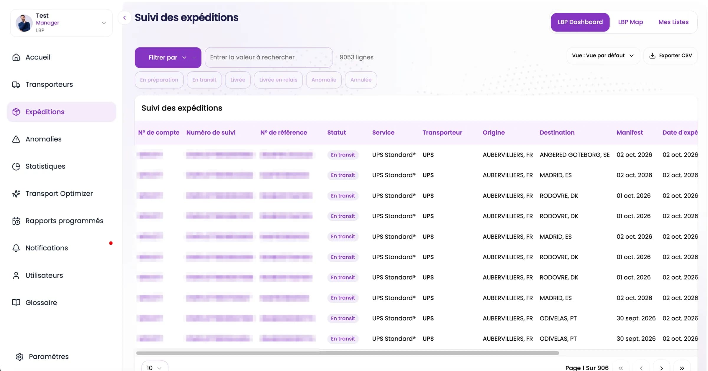 The shipments table: 9,053 rows filterable by status, with service, carrier, status, origin, destination and dates. Account, tracking and reference numbers are hidden.