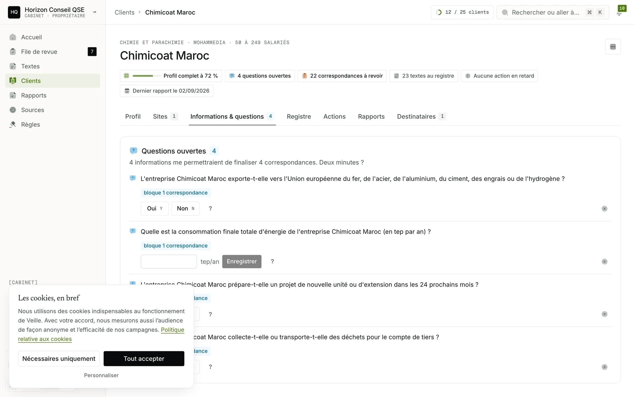 Le profil de Chimicoat Maroc : les faits qu'utilise Veille pour décider quels textes s'appliquent, avec quatre questions encore ouvertes pour le consultant.