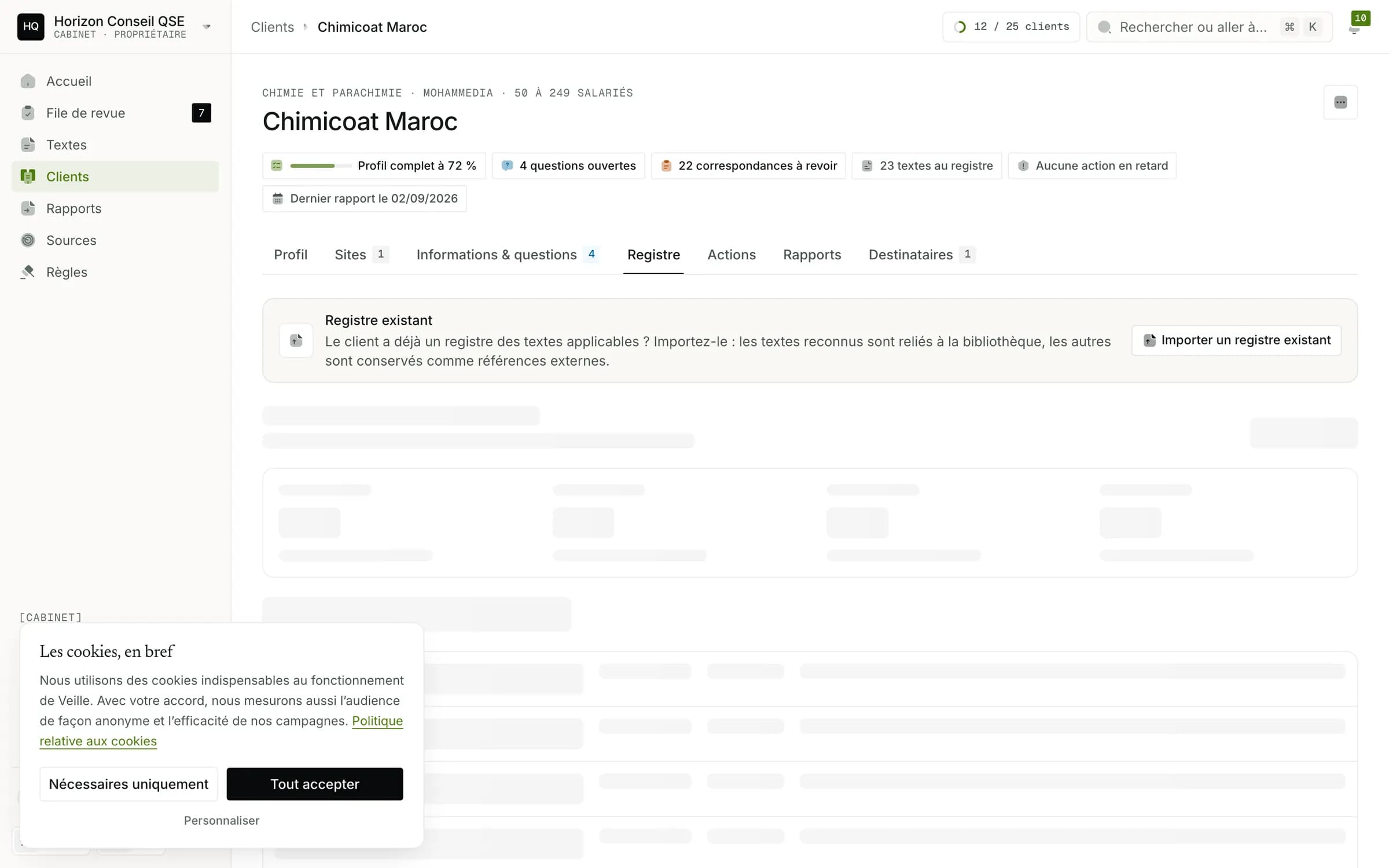 Le registre de Chimicoat Maroc, une entreprise de chimie à Mohammedia : 23 textes applicables, 22 correspondances à revoir, un profil complet à 72 % et la date du dernier rapport.